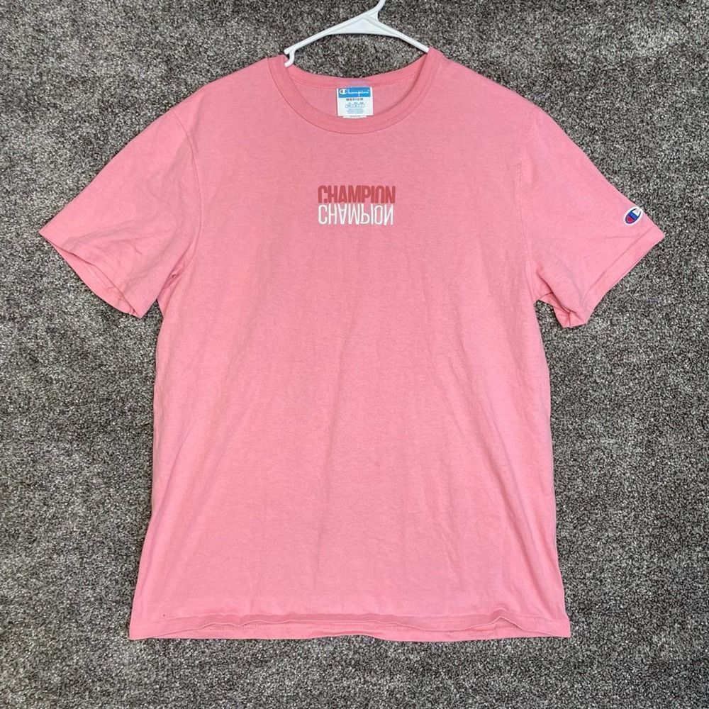 Champion Mens T-Shirt Pink Retro Embroidered Spell Out Size Medium